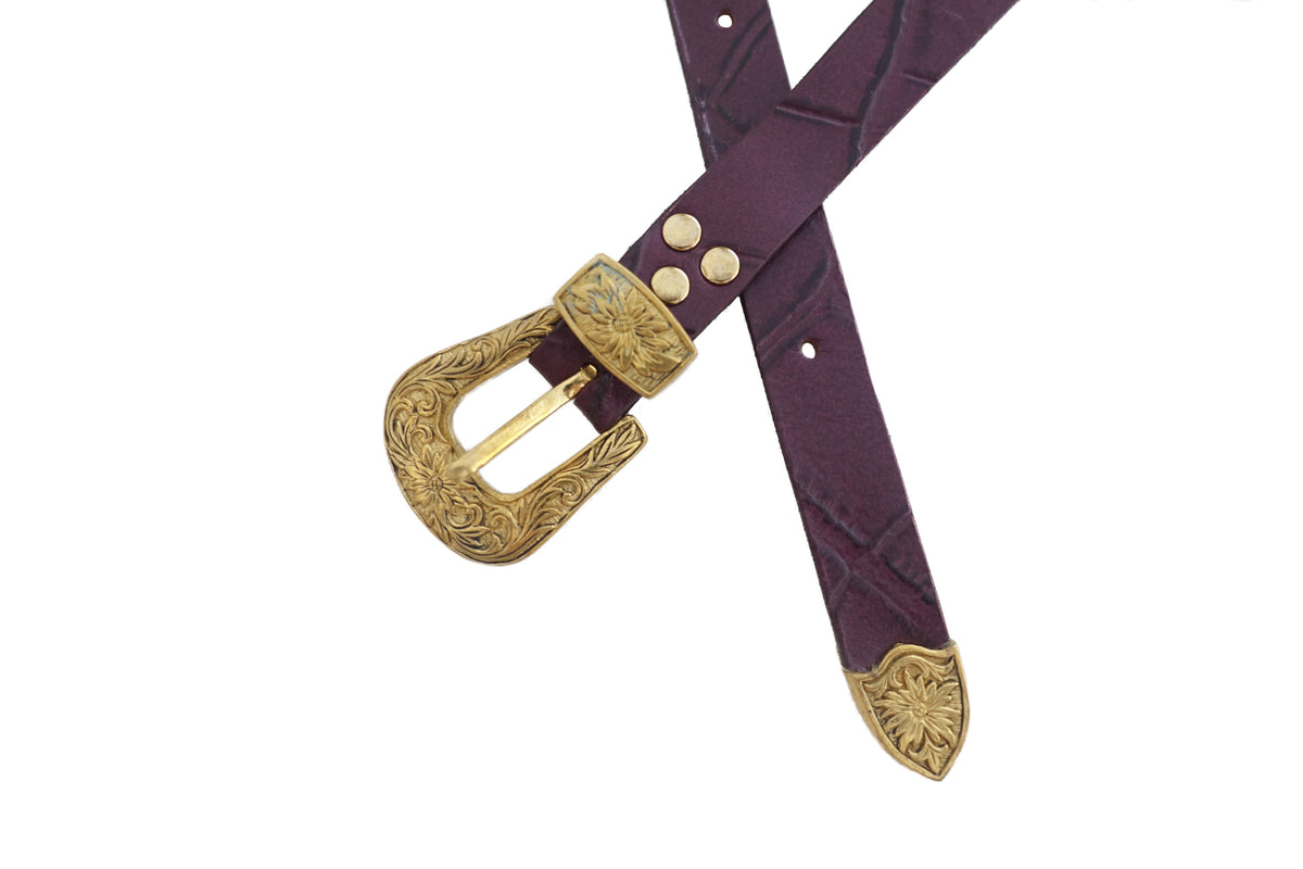 Mock Croc Skinny Belt - Burgundy