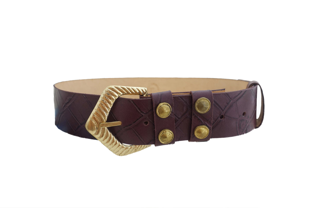 Mock Croc Wide Belt - Matte Burgandy- Gold