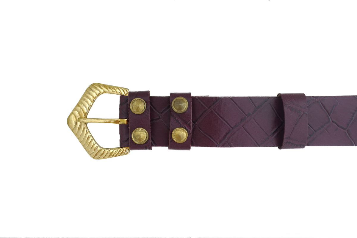 Mock Croc Wide Belt - Matte Burgandy- Gold