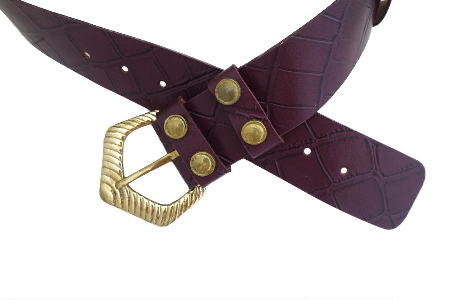 Mock Croc Wide Belt - Matte Burgandy- Gold