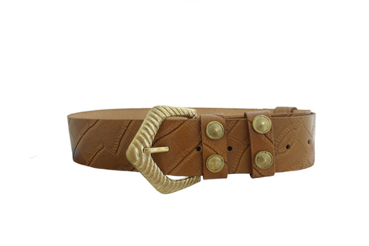 Mock Croc Wide Belt - Matte Tan-Gold