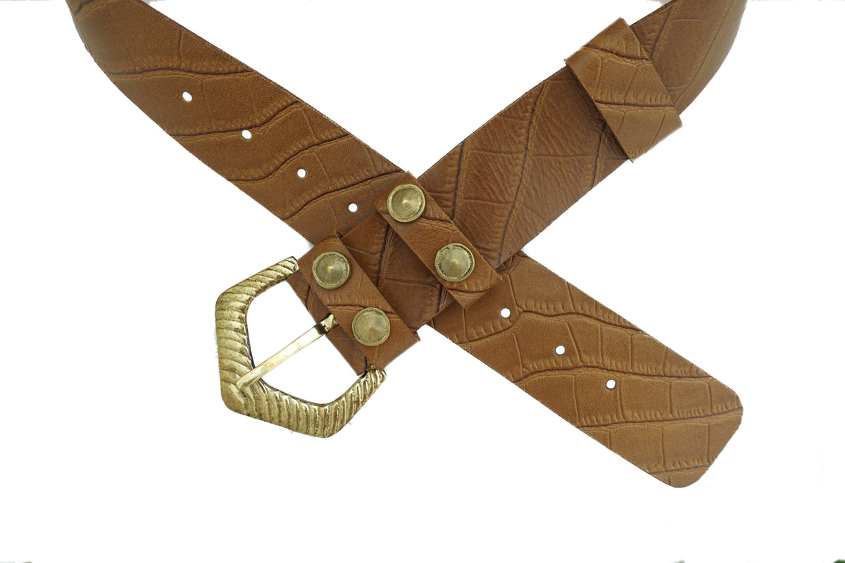 Mock Croc Wide Belt - Matte Tan-Gold
