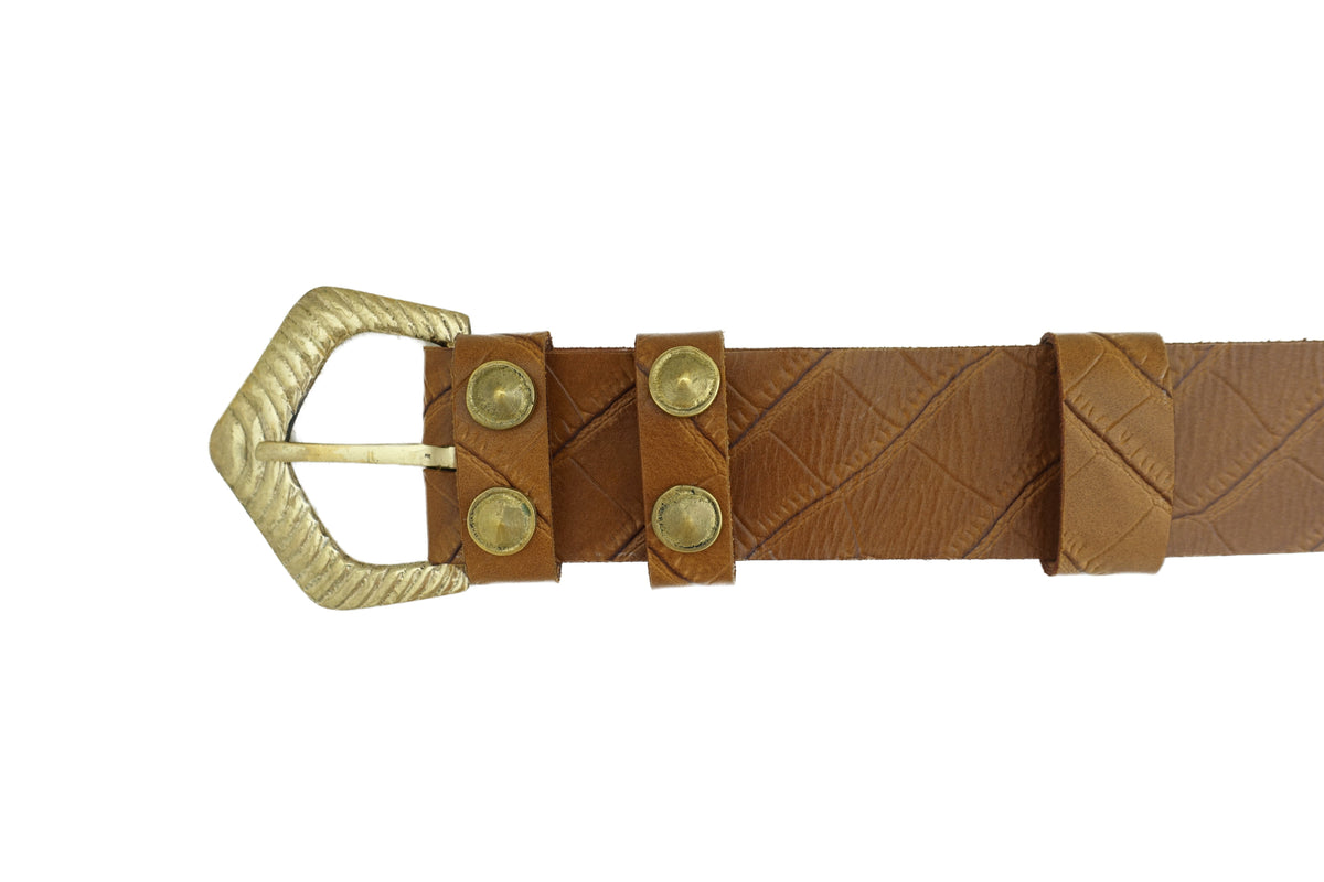 Mock Croc Wide Belt - Matte Tan-Gold